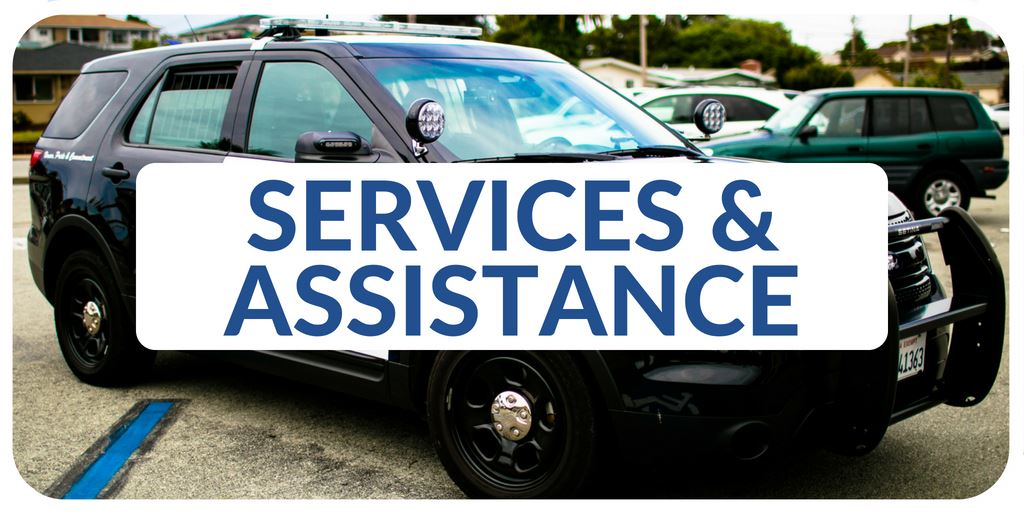 "Services and Assistance" banner with image of police vehicle