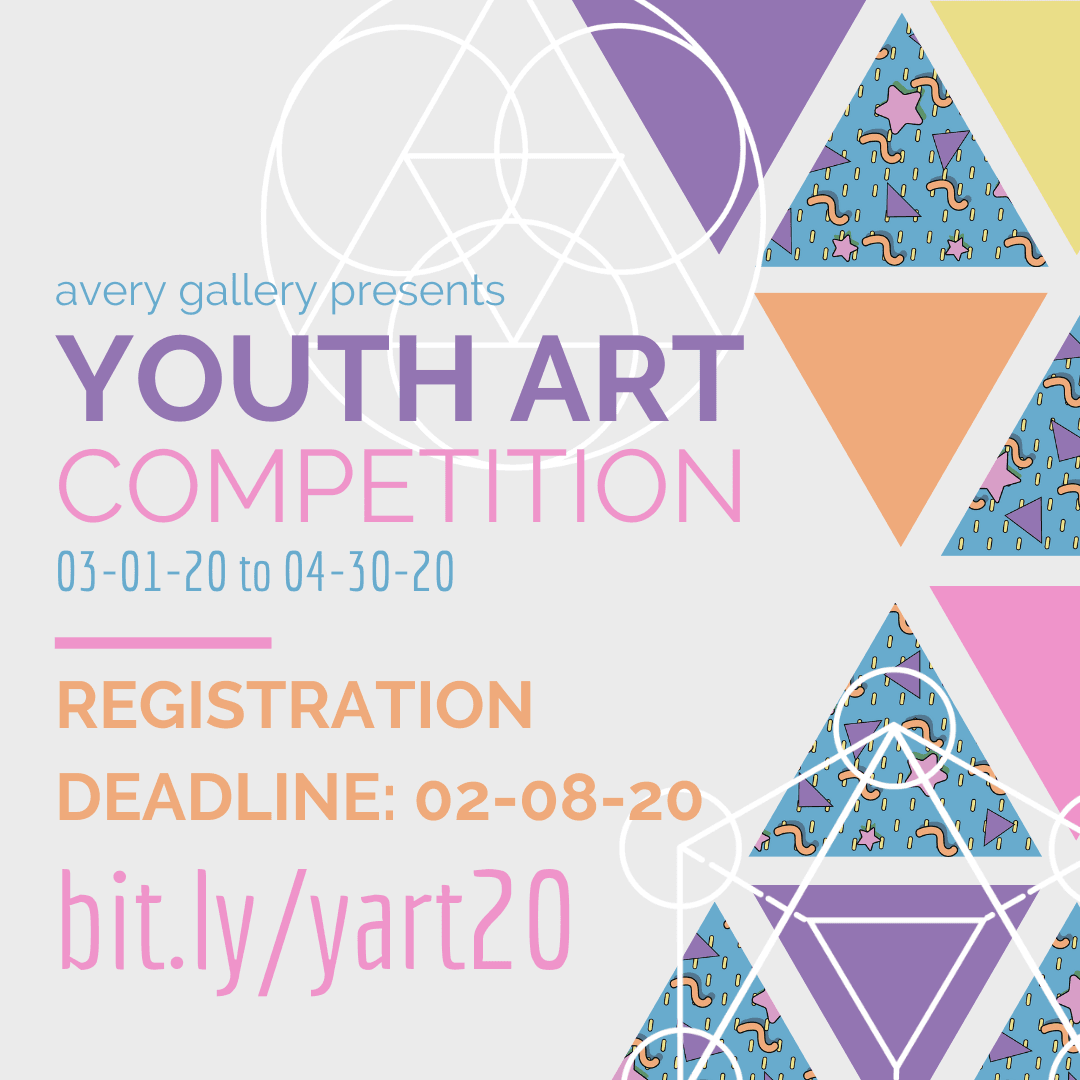 Square image with triangles of various patterns and colors, with white geometric designs 