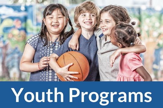 "Youth Program" graphic icon with photo of children with a basketball