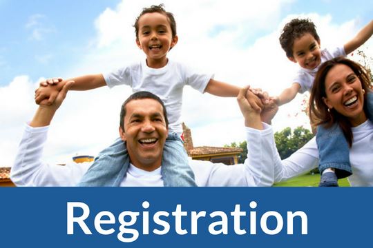 "Registration" graphic link with photo of family
