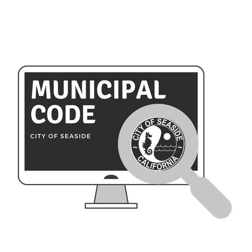 Graphic of computer screen and magnifying class with text "Municipal Code"